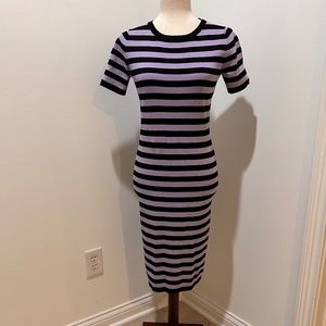 Nikkie Short Sleeve Fitted Knit Dress Black and Lavender Stripe